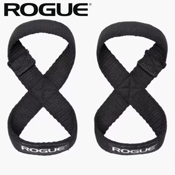 ROGUE ヘビーデューティー フィギュア 8 リフティングストラップ 2.0 ブラックを正面から捉えた製品全体ビュー、8の字形状と両ループ構造が分かるロフティングストラップ