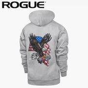 ROGUE フリーダムパーカー グレーヘザー 背面全体ビュー、フード付きパーカー背面にアメリカ国旗を背景にバーベルを掴むイーグルグラフィックを配置したメンズアパレルデザイン