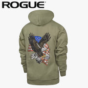 ROGUE フリーダムパーカー オリーブ 背面全体ビュー、フード付きパーカー背面に星条旗を背景にバーベルを掴むイーグルグラフィックを配置したメンズアパレルデザイン