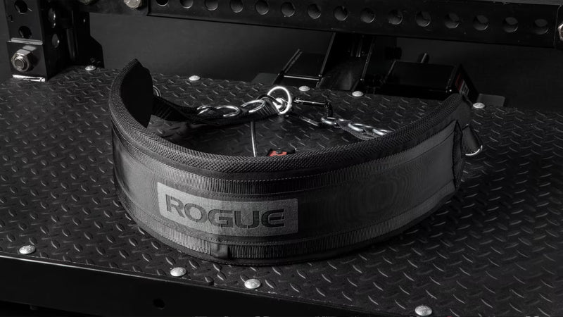 ROGUE マルチベルト ブラック 正面斜めからラック上に置いた全体、厚みのあるパッドとチェーン・カラビナ仕様が分かるトレーニングベルト