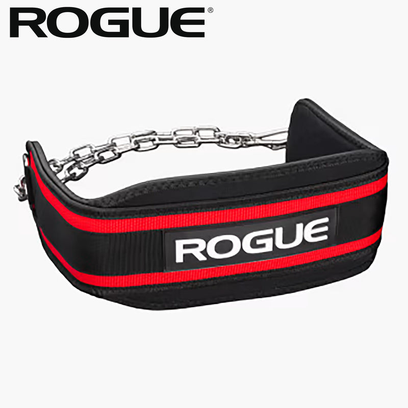 ROGUE エコーディップベルト レッド 側面から全体フォルムが分かる角度、赤ストライプと厚手パッド構造が見えるデザイン