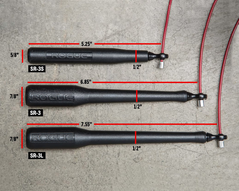 ROGUE SR-3 ブッシング スピードロープ ブラックのハンドルサイズ比較を横並びで示した側面ビュー、SR-3S・SR-3・SR-3Lの長さとグリップ形状の違いが分かる構成
