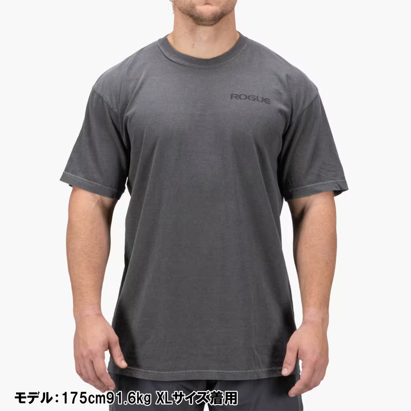 ROGUE フリーダムTシャツ チャコール 正面から着用全体を捉えたモデル着用例、胸ロゴ入り半袖アパレルTシャツ