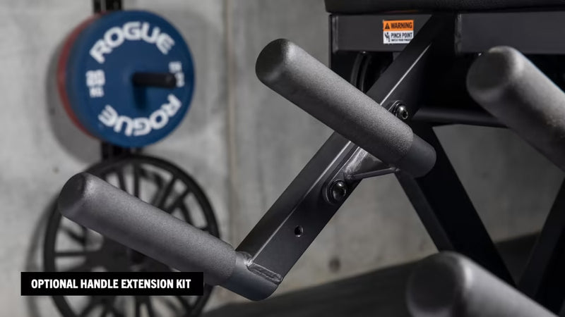 WESTSIDE BARBELL ウェストサイド スカウト ハイパー エクステンションハンドルキット ブラック 本体フレームに装着した状態の斜め前方からの使用イメージとグリップ部の質感表示