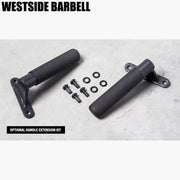 WESTSIDE BARBELL ウェストサイド スカウト ハイパー エクステンションハンドルキット ブラック ハンドル本体とボルト・ワッシャー付属品を俯瞰で配置した全体構成