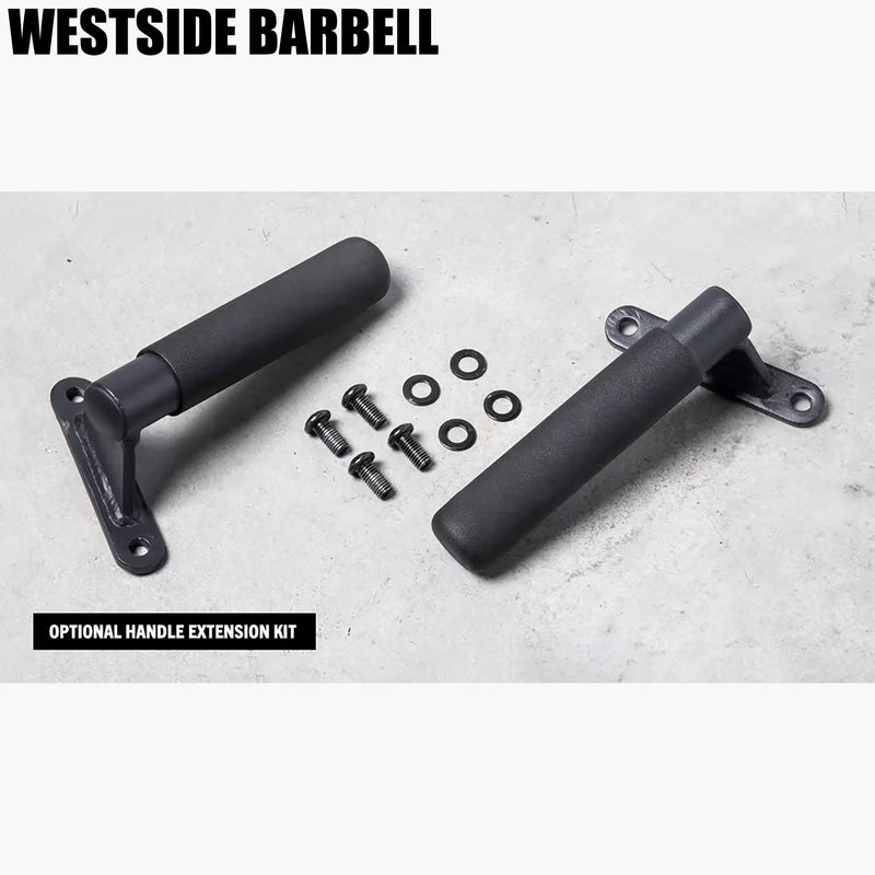 WESTSIDE BARBELL ウェストサイド スカウト ハイパー エクステンションハンドルキット ブラック ハンドル本体とボルト・ワッシャー付属品を俯瞰で配置した全体構成