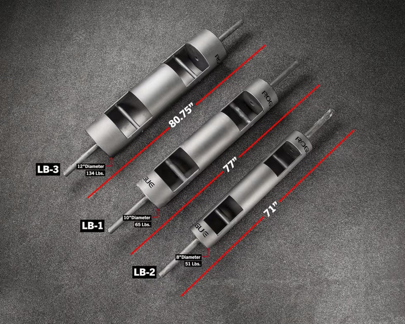 ROGUE LB-2 8インチ ログバー レッド、3サイズ比較を上から見た構図、LB-3・LB-1・LB-2の長さと直径サイズ差が確認できるスペシャリティーバー比較