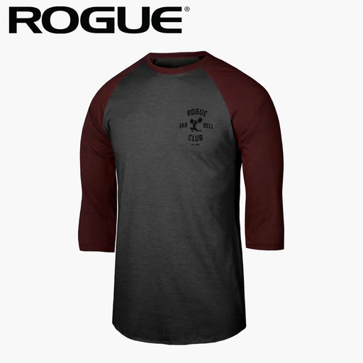 ROGUE BBC2.0 3/4スリーブTシャツ グレー×バーガンディ 正面からやや斜めに胸ロゴとラグラン袖配色を確認できる七分袖デザイン