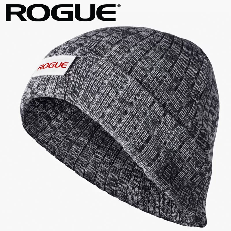 ROGUE ビーニー グレー×ブラック ミックスニットの編み柄とフロントタグを斜め上から確認できる質感重視のデザイン