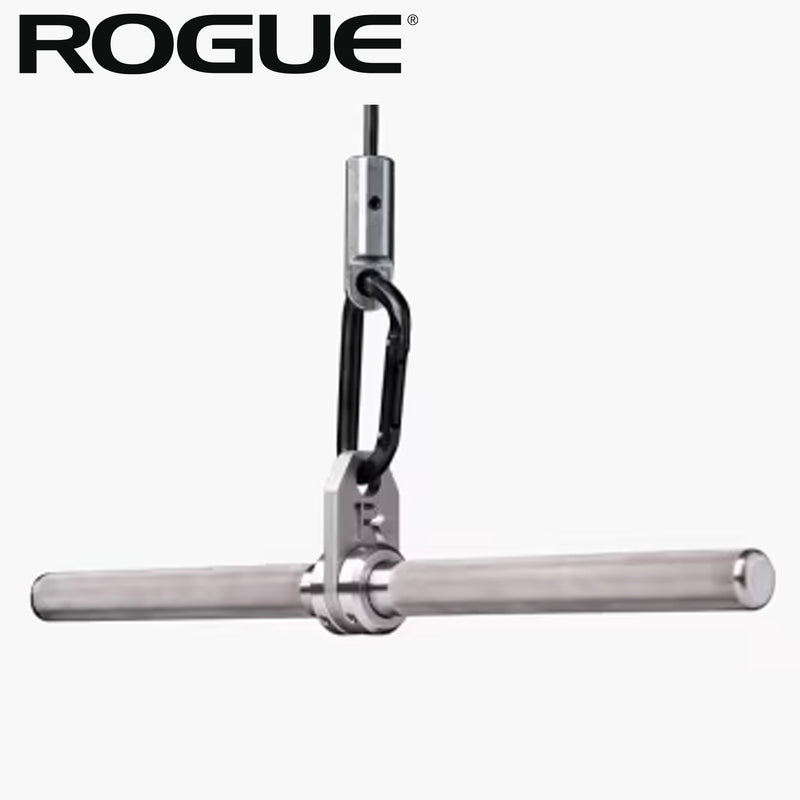 シルバーカラーのROGUE ステンレス ストレート ラットバー ケーブルアタッチメントのブランド識別として配置されたROGUEロゴを正面視点で強調したビジュアル