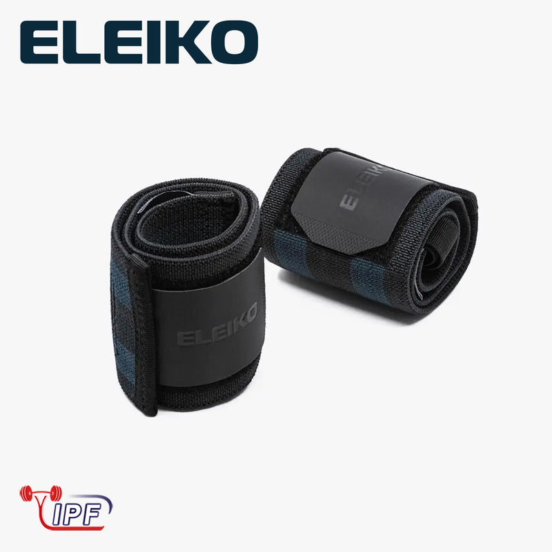 ELEIKO PLリストラップ スティッフ IPF公認品 ストロングブルー 正面斜め視点で巻いた状態と展開状態を並べロゴパッチと全体構造が分かる構図