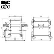 MBC×GFC ダンベルスタンドPRO ブラック、正面図と側面図の寸法図レイアウト、全幅約699mmや高さ約653mmなどサイズ表記とフレーム構造が分かる設計図