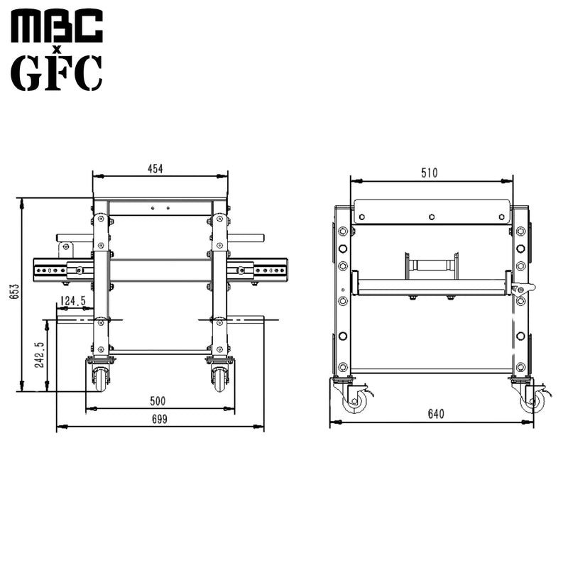MBC×GFC ダンベルスタンドPRO ブラック、正面図と側面図の寸法図レイアウト、全幅約699mmや高さ約653mmなどサイズ表記とフレーム構造が分かる設計図
