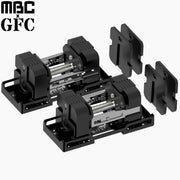 MBC×GFC デュアルアジャスタブルダンベル 35kg 2個セット ブラック、ダンベルを台座に載せた左右ペアの3/4俯瞰アングル、重量調整ダイヤルとローレット加工グリップ、プレート構造が分かる全体構成