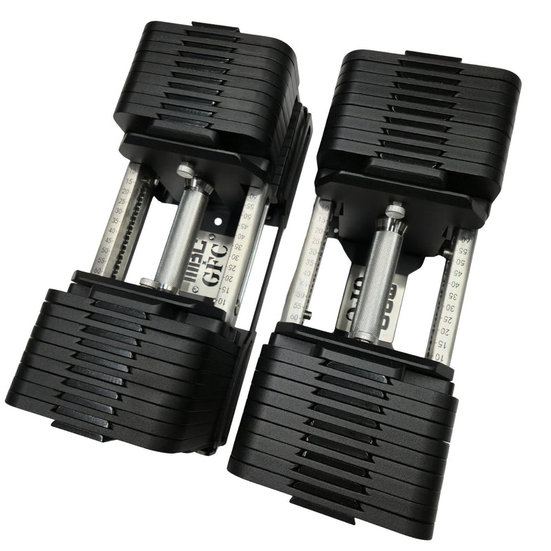 MBC×GFC デュアルアジャスタブルダンベル 35kg 2個セット ブラック、左右ペアを斜め上から捉えた3/4俯瞰アングル、プレートスタック構造と重量調整レール、ローレットハンドル中央部の構造