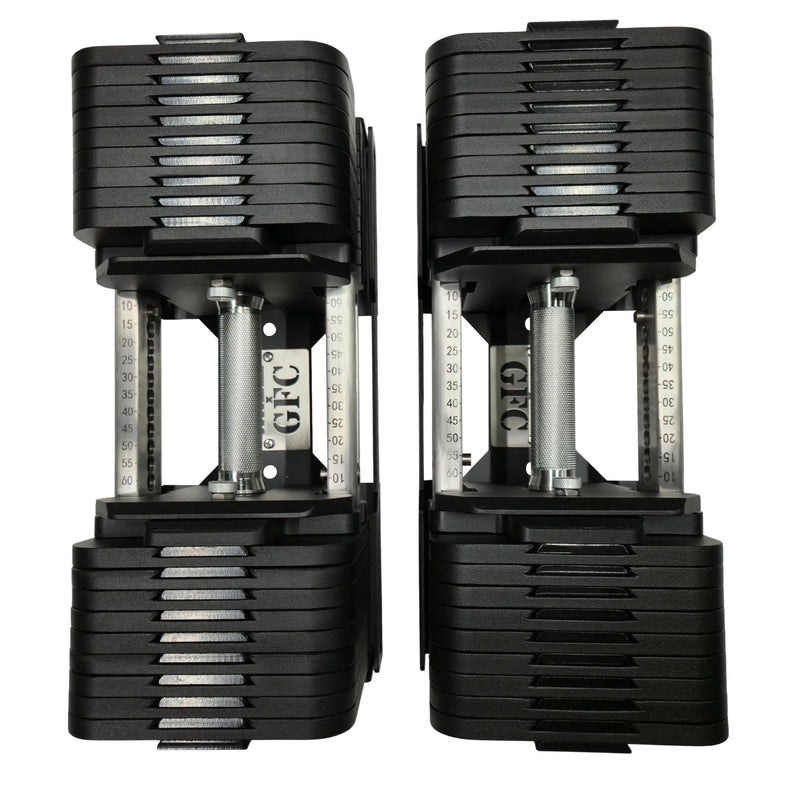 MBC×GFC デュアルアジャスタブルダンベル 35kg 2個セット ブラック、左右ダンベルを真上から並べたトップビュー、重量目盛りレールと中央ローレットグリップの直線配置が確認できる構図