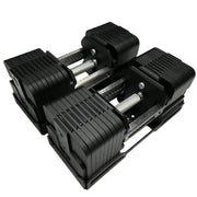 MBC×GFC デュアルアジャスタブルダンベル 35kg 2個セット ブラック、専用台座に収納した左右ペアを斜め前方から捉えたアングル、重量調整ダイヤルとプレートスタック、ベースフレーム構造が分かる全体形状