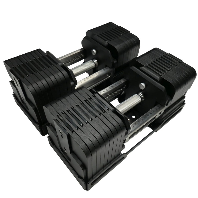 MBC×GFC デュアルアジャスタブルダンベル 35kg 2個セット ブラック、専用台座に収納した左右ペアを斜め前方から捉えたアングル、重量調整ダイヤルとプレートスタック、ベースフレーム構造が分かる全体形状