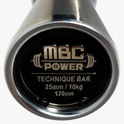 MBC テクニックバー シルバースリーブ端面を正面から捉え、MBCロゴ刻印と25mm・10kg・170cmのスペック表示が確認できるディテール構図