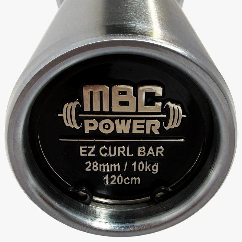 MBC EZカールバー シルバースリーブ端面を正面から捉え、MBCロゴと28mm・10kg・120cmのスペック刻印が確認できるディテール構図