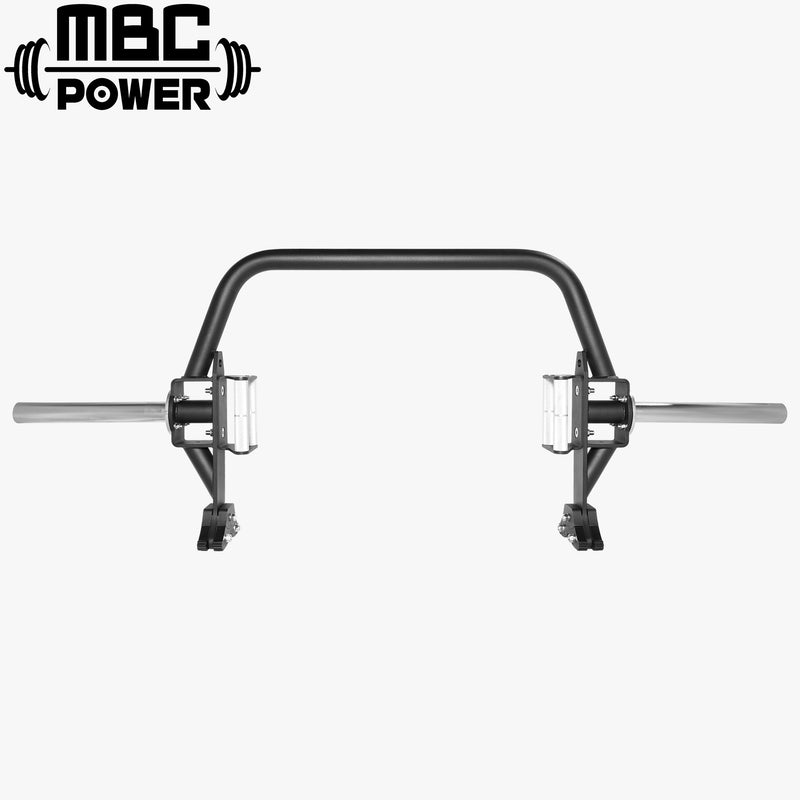 MBC オープンヘックスバーのブラックフレームとシルバーのスリーブを正面から捉え、左右対称の開口構造と全体バランスが分かるスペシャリティバーベルの外観
