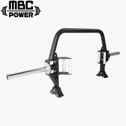 直立したMBC オープンヘックスバーを斜め前方から撮影し、ブラックのフレームとステンレススリーブ、デュアルアルミグリップ、片側が開いた特徴的構造が立体的に分かる視点