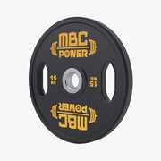 MBC ウレタングリッププレート 15kgを正面視点で掲載。ブラックボディにイエロー表記を配し、重量識別と持ち手形状が確認できる構図。