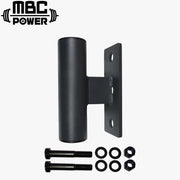 MBC オリジナルラック 支柱設置型バーベルストレージ ブラック 正面視点でスリーブ受け部と取付プレート、付属ボルト一式を示す構成内容