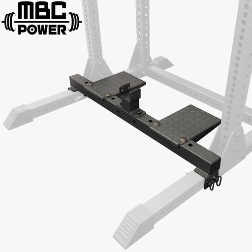 MBC オリジナルラック ベンチプロップ ラックベースに装着した状態を斜め上から捉えた視点 滑り止めプレートと中央ストッパー構造が分かる全体構成