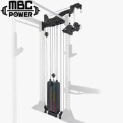 MBC オリジナルラック ファンクショナルトレーナー ブラックカラーをラック側面に装着した斜め前方視点、ウェイトスタックとケーブル・プーリー構造が分かる全体構成