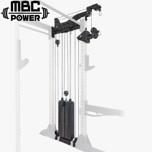 MBC オリジナルラック ファンクショナルトレーナー ブラックカラーをラック側面に装着した斜め前方視点、ウェイトスタックとケーブル・プーリー構造が分かる全体構成