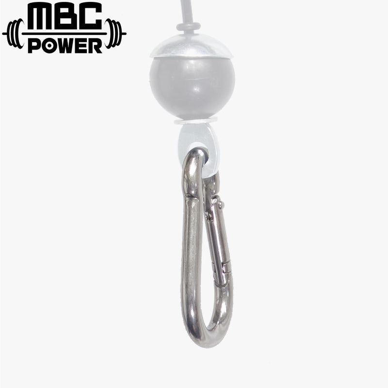 MBC オリジナルラック DIY用カスタムパーツ類 シルバーステンレスカラビナを正面寄りのクローズアップで捉えた構図、ゲート形状と接続部ディテールが分かる接写