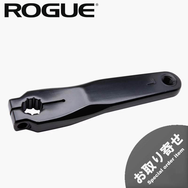 ROGUE エコーバイク交換用パーツ 左クランクアーム V3 ブラック。斜め上方から見た本体全体で、ペダル取付用のネジ穴と車軸接続用のスプライン穴を備えた金属製クランク。エコーバイクの補修・メンテナンス用部品。